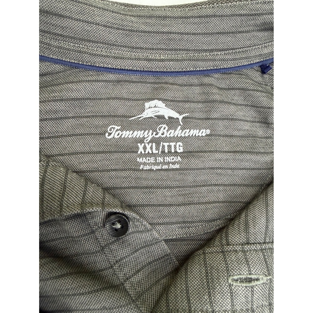 Tommy Bahama Mens XXL Gray Striped Short Sleeve Polo Shirt Marlin Logo Casual